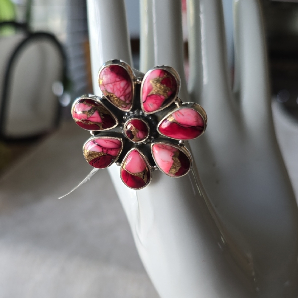 925 Sterling Silver~Red Dahlia Turquoise~Floral Ring~Sz 6
